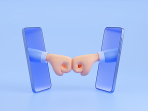 Online meeting icon with hands from mobile phones fists bump. Concept of business agreement, partnership, teamwork or friendship, 3d render illustration isolated on blue background