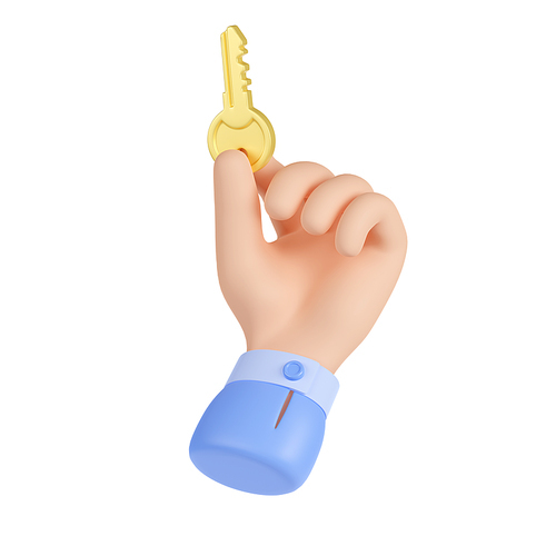 Man hand hold gold key for unlock and open door in car, home or office. Concept of house or vehicle sale, rental, encryption, access, 3d render illustration isolated on white