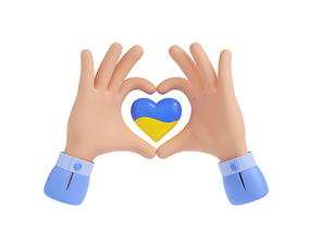 Love hands gesture with heart with flag of Ukraine. Icon with human arms making heart symbol and Ukrainian flag. Concept of care, support peace, 3d render illustration