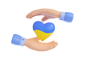 3D render of two hands covering Ukraine heart isolated on white. Patriotic emoji icon. Support for Ukrainians, save country, stop war, charity sign in national flag yellow, blue colors