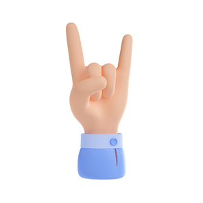 3d render rock hand gesture, live music show, concert or festival design element, fist with raised fingers showing devil horns. Heavy metal isolated Illustration on white background in cartoon style