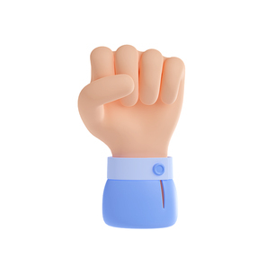 3D illustration of human hand fist isolated on white. Strong business character raising arm up, showing strength gesture. Symbol of fight or protest, revolution, unity, support for decision