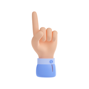 Hand gesture with pointer finger raised up. Icon of attention, warning, important. Human arm with holding up forefinger for touch or click button, 3d render illustration isolated on white