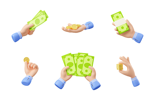 3d render hand with money isolated set. Concept of payment, savings, transaction with businessman palms holding golden coins and dollar bills. Illustration in cartoon plastic style on white background