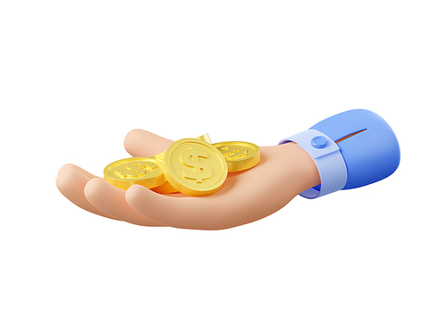 3d render hand with golden coins lying on open palm isolated on white. Money payment, savings, cashback finance or refund concept with businessman arm, Illustration in cartoon plastic style