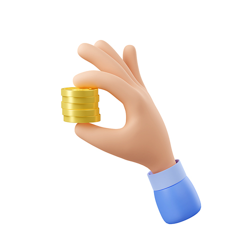 3d render hand with money, golden coins stack between fingers isolated on white. Concept of savings, payment transaction, currency exchange, profit. Illustration in cartoon plastic style