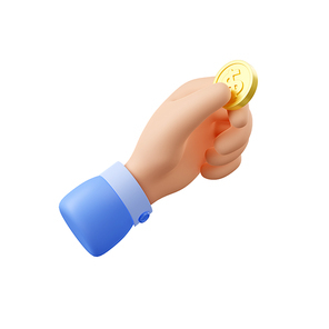 Man hand giving gold coin with dollar symbol. Concept of payment, transaction, financial donation, investment or credit, 3d render illustration isolated on white