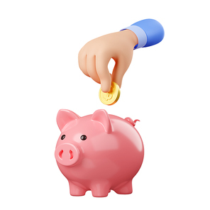 3d render hand put golden coin into piggy bank isolated on white. Concept of money savings, deposit, budget or investment. Pension or passive income Illustration in cartoon plastic style
