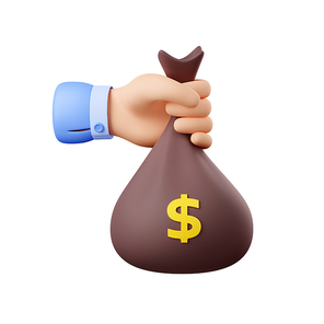 3d render hand holding money sack with dollars isolated on white. Donation, sponsorship or bank loan concept with businessman palm holding full bag. Illustration in cartoon plastic style