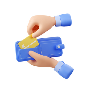 3d render hand holding wallet with bank card isolated on white. Financial business concept of cashless payment, money transaction, online shopping. Illustration in cartoon plastic style