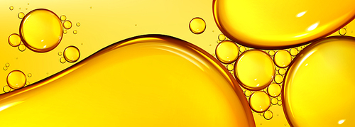 Oil drops texture, omega bubbles, gold liquid skincare, essential droplets. Background with transparent yellow dribs of different shapes. Realistic 3d vector honey, syrup or juice blobs close up view