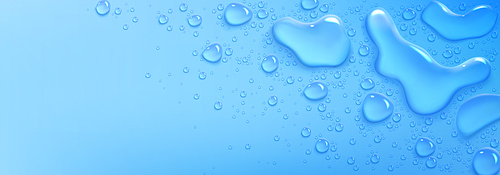Water drops, spill puddles top view on blue background. Scatter aqua liquid splashes, skin care cosmetic, hydration spots, gel or collagen texture with spray droplets, Realistic 3d vector Illustration