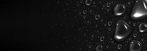 Rain drops on black background, water condensation, raindrops with empty copy space on dark window surface. Abstract wet texture, backdrop, frame or border template, Realistic 3d vector illustration
