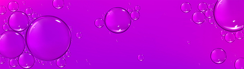 Liquid serum, cosmetic oil texture with bubbles on purple background. Skin care product with glossy drops, soap water surface, vector realistic illustration