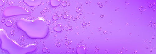 liquid collagen, serum drops on purple background. pure  splash, clear droplets and spills of skin care cosmetic, vector realistic illustration with copy space
