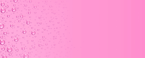 Pink background with pure clear water drops. Horizontal banner template with transparent raindrops, water condensation or dew and copy space, vector realistic illustration