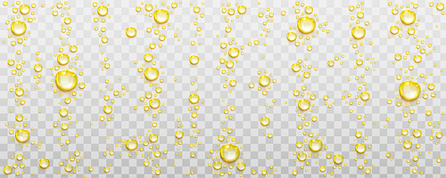 Yellow fizz air bubbles, champagne, soda drink or mineral water abstract dynamic effervescence motion isolated on transparent background. Underwater fizzing, pop beverage, Realistic 3d vector template
