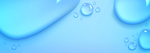 Water drops on blue background close up top view. Spill puddles, scatter aqua liquid splashes, skin care cosmetic, hydration spots, gel or collagen texture with droplets, Realistic 3d vector template