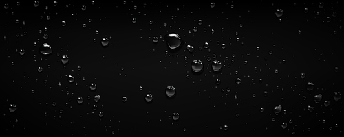 Black background with clear water drops from rain, dew or steam condensation. Wet surface with liquid raindrops, pure aqua bubbles, vector realistic illustration