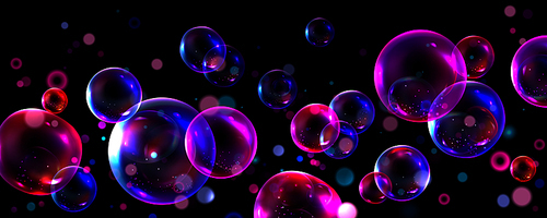 Abstract background with transparent soap bubbles. Horizontal poster with flying 3d shiny air bubbles with neon light reflections on black background, vector realistic illustration