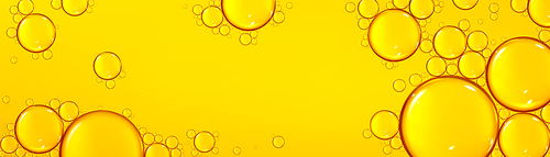 Background with oil drops texture, yellow omega bubbles, gold liquid transparent droplets. Template for skincare essential product with dribs of different shapes Realistic 3d vector honey, syrup blobs