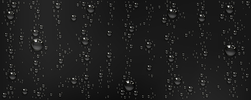 Realistic water drops on black surface. Vector illustration of condensation droplets sprakling with light reflection on luxury dark background. Abstract wet texture. Scattered aqua blobs pattern