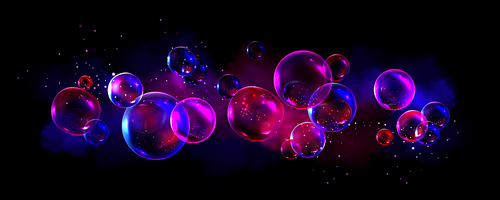 Abstract background with neon soap bubbles, rainbow colorful iridescent glass balls or spheres on black backdrop. Water foam, shiny bright soapy circles graphics, Realistic 3d vector illustration