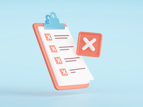 Denied checklist, clipboard with paper notes with cross marks in list isolated on background. Icon of wrong office document, rejected report, incorrect test, 3d render illustration