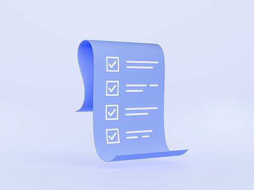 3d render todo check list with ticks, task or test paper form. Efficient work management, business project, assignment or exam, notes or questionnaire page icon, Cartoon illustration in plastic style