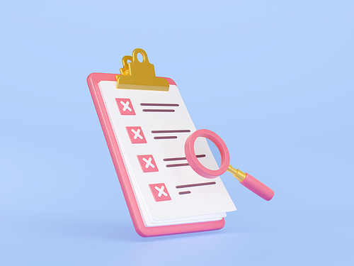 3d render list on clipboard and magnifying glass. White paper sheet with cross marks in checkboxes and text. Todo checklist, reminder, questionnaire with loupe Cartoon illustration in plastic style