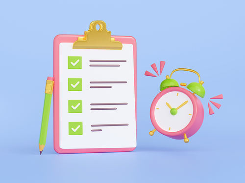 3d render checklist and alarm clock, project plan, deadline concept with white paper sheet on clipboard, pencil and ringing bell. Task, check list alert icon, Cartoon illustration in plastic style