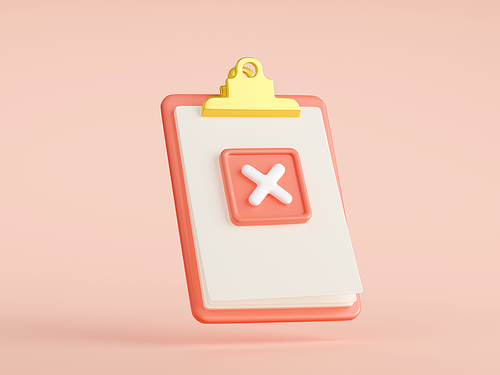 3D render of red paper clipboard with cross mark. Illustration of document with rejection sign. Veto, error, mistake, no, negative decision, election vote, task failure, todo list, cancellation sign