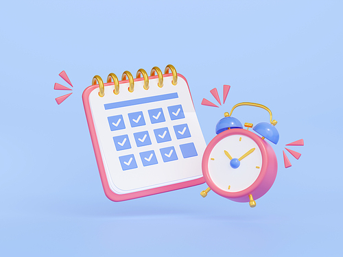 Calendar with date schedule and alarm clock. Concept of work agenda, plan, time management, deadline with organizer checklist and clock, 3d render illustration