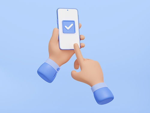 Hands hold mobile phone and click on checkmark on screen. Concept of success, done, correct choice. Finger touching tick button on smartphone for accept or confirm, 3d render illustration