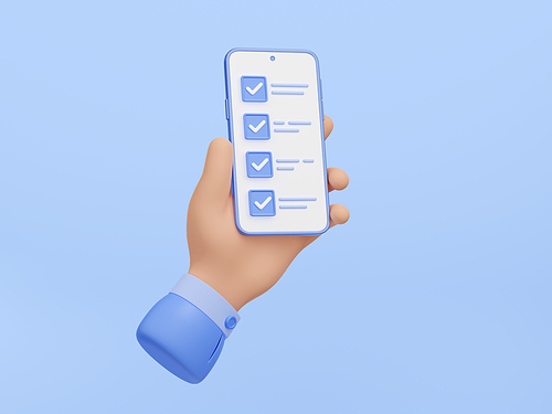 3D illustration of human hand holding smartphone with checklist app on screen. Successful person using mobile application on gadget for business time management and task planning. Web design icon