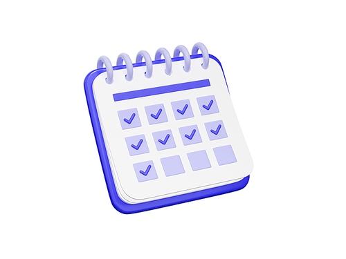 Calendar with checklist, date schedule icon. Concept of work agenda, business organizer, project time management. Daily planner with check boxes and ticks, 3d render illustration