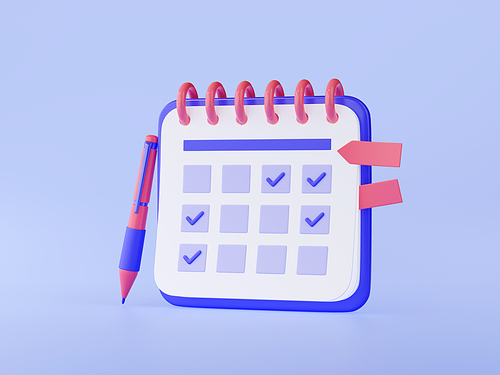 3D illustration of diary calendar with checkmarks and pen. Business planner with blue ticks indicating accomplished daily tasks and bookmark stickers on page. Time management concept. Web page icon