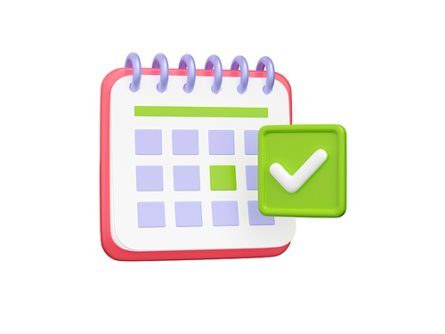 3D render of calendar page with green tick icon. Red daily planner with checkmark sign indicating important date, holiday, appointment or business meeting. Time management concept. Web page icon