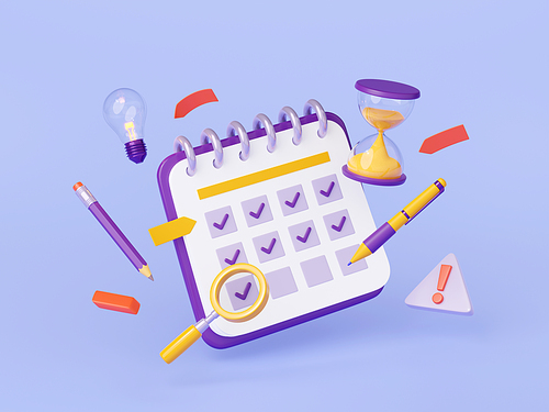 3d render calendar data checklist with pencil, hourglass, magnifier, light bulb and stationery fly around. Week and month planning events, deadlines and agenda, Illustration in cartoon plastic style