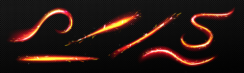 Abstract fire lines with sparks, bright glow lines isolated on transparent background. Vector realistic set of waves and swirls of flame streaks with sparkles