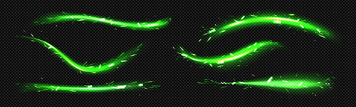 Abstract neon light lines with sparkles isolated on transparent background. Vector realistic set of magic green glow streaks, horizontal energy flare with sparks