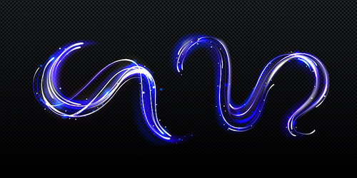 Blue neon light trails, magic shiny lines isolated on transparent background. Luxury dynamic speed effect, bright wavy and curved glowing stripes, vector realistic illustration