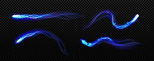 Blue magic light, smoke or wind effect with stars or sparkles. Wand spell traces, neon glowing magician, wizard or fairy shiny trail isolated on transparent background Realistic 3d vector illustration