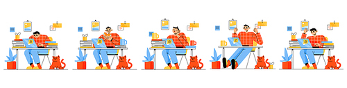 Man work on laptop in office or at home. Vector set of flat illustrations of freelancer or employee emotions. Worker happy, angry, sleeping, eating, and busy. Concept of freelance, remote job