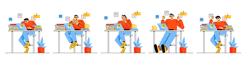 Office worker different emotions and activities. Young man sitting at desk work on laptop, eating lunch, sleeping, rejoice or angry expression, manager lifestyle, Linear flat vector illustration