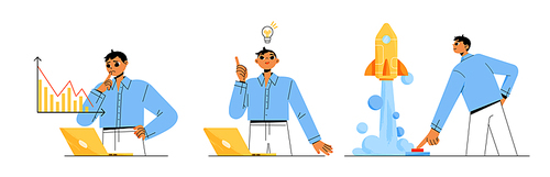 Startup project development and boost, successful business start up launch. man push start button and rocket fly up. Manager analysing company statistics on laptop, Line art flat vector illustration