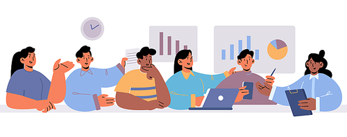 Diverse people meeting in office conference room. Concept of communication in team. Vector flat illustration of men and women company workers talk and discuss together