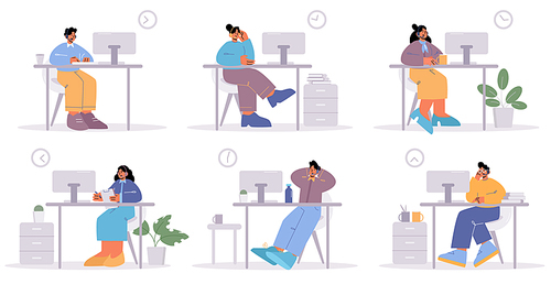 Operators of customer support service in office. Vector flat illustration of call center workers at desk with computer. People in headsets on workplace isolated on white 