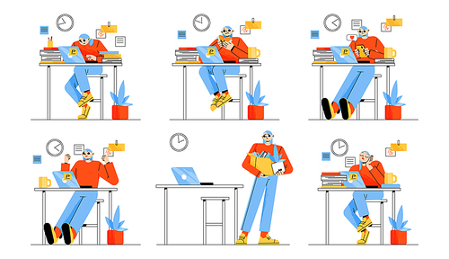 Office worker emotions, different activities and procrastination isolated set. Manager woman work at laptop, fired, love chat, rejoice, eat lunch, boring or sleep, Line art flat vector illustration