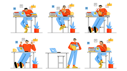 Man work with laptop in office. Concept of job, procrastination, deadline, dismissal. Vector flat illustration of workplace with employee character busy, eating, sleeping and fired